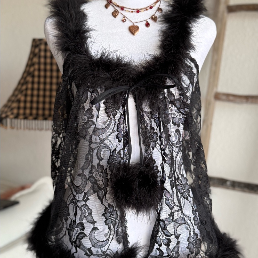 Frederick's of Hollywood Black Sheer Lace Chemise with Feather Trim